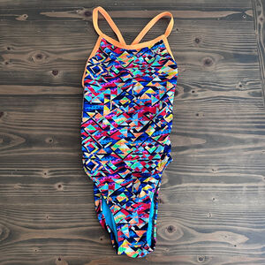TYR One Piece Swimsuit Womens 34 S Orange Geometric Crossback Athletic Swim
